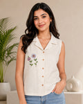 Ivory Hand-Embroidered Cotton Sleeveless Shirt