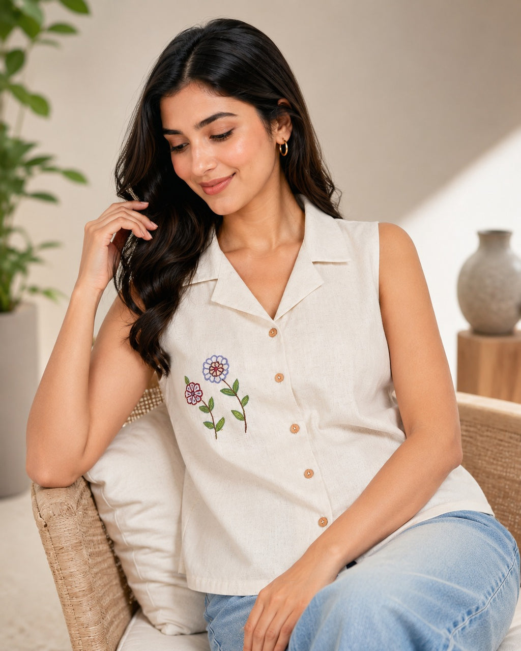 Ivory Hand-Embroidered Cotton Sleeveless Shirt